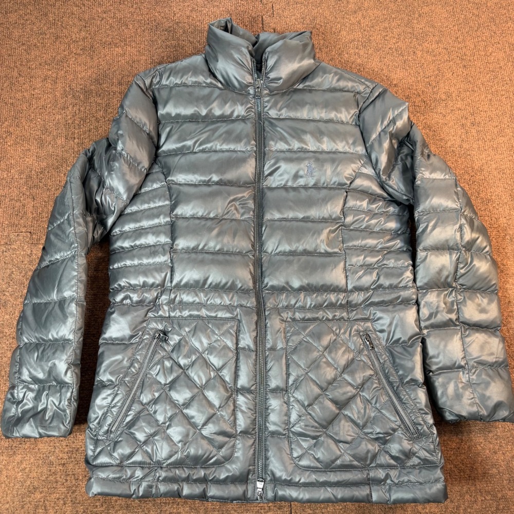 Polo Ralph Lauren Puffer Jacket Womens Medium Grey Quilted Full Zip Coat A+ nice